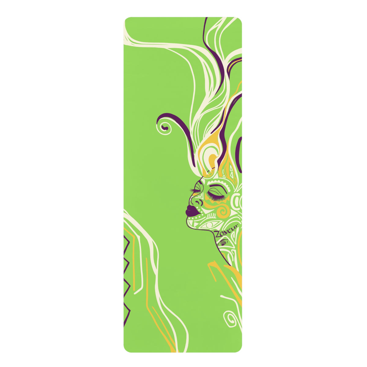 Queen of Phoenix yoga mat laid flat in lime green, a line-art face in profile with flowing cream, purple and yellow lines
