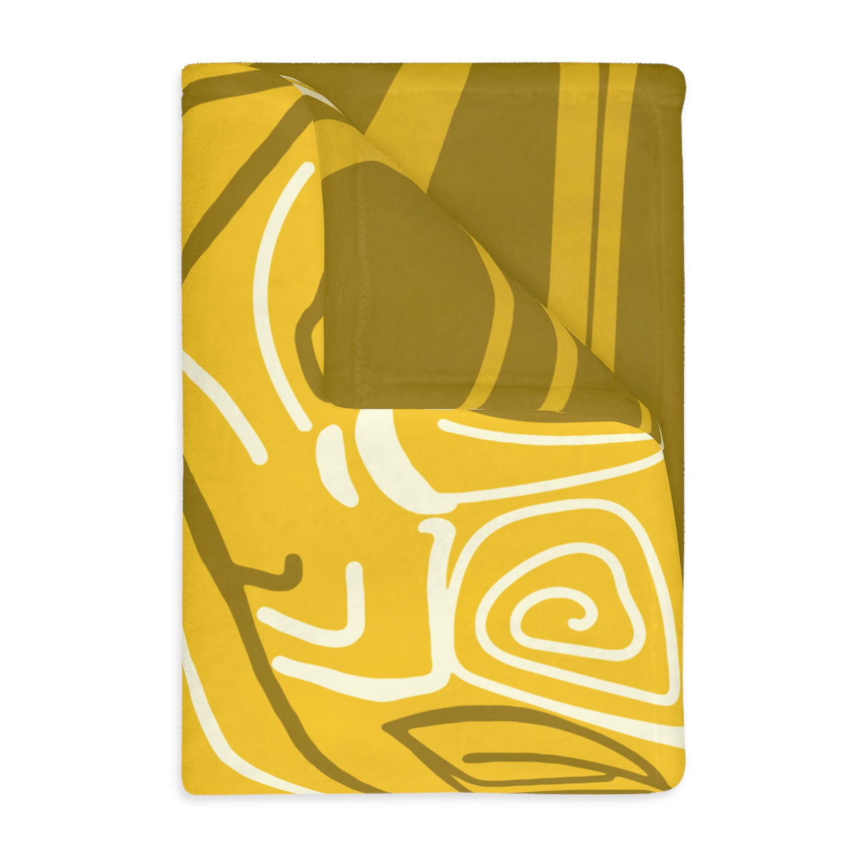 Folded golden yellow Queen of Phoenix blanket, corner turned back to show the mustard reverse, cream line art