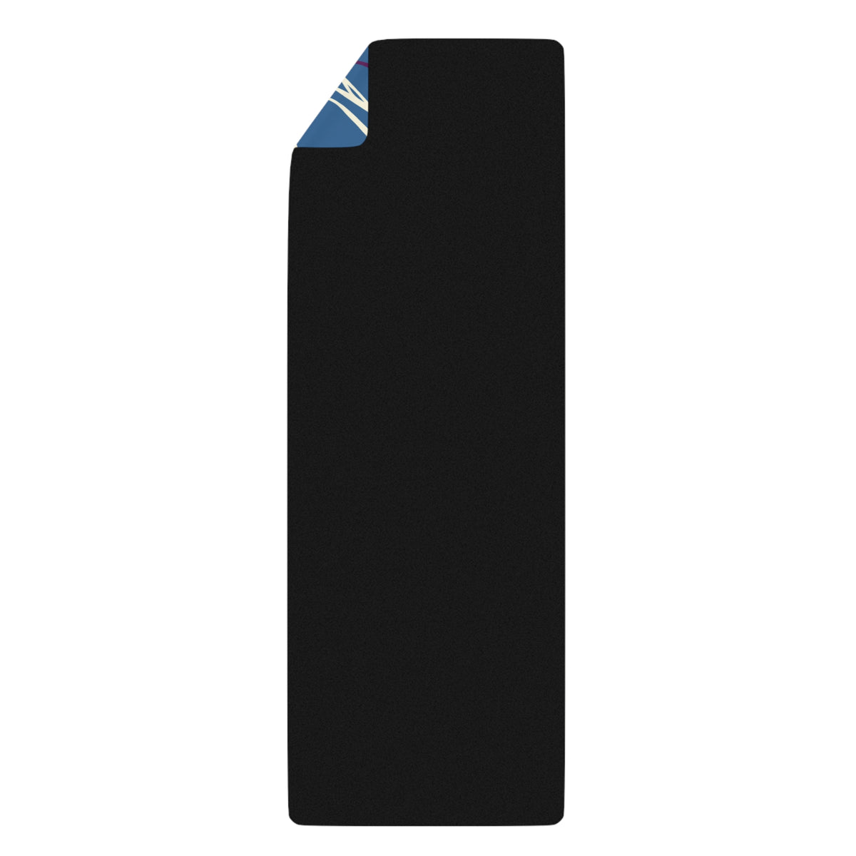 Back side of the Queen of Phoenix blue yoga mat, black rubber with a folded corner revealing the print