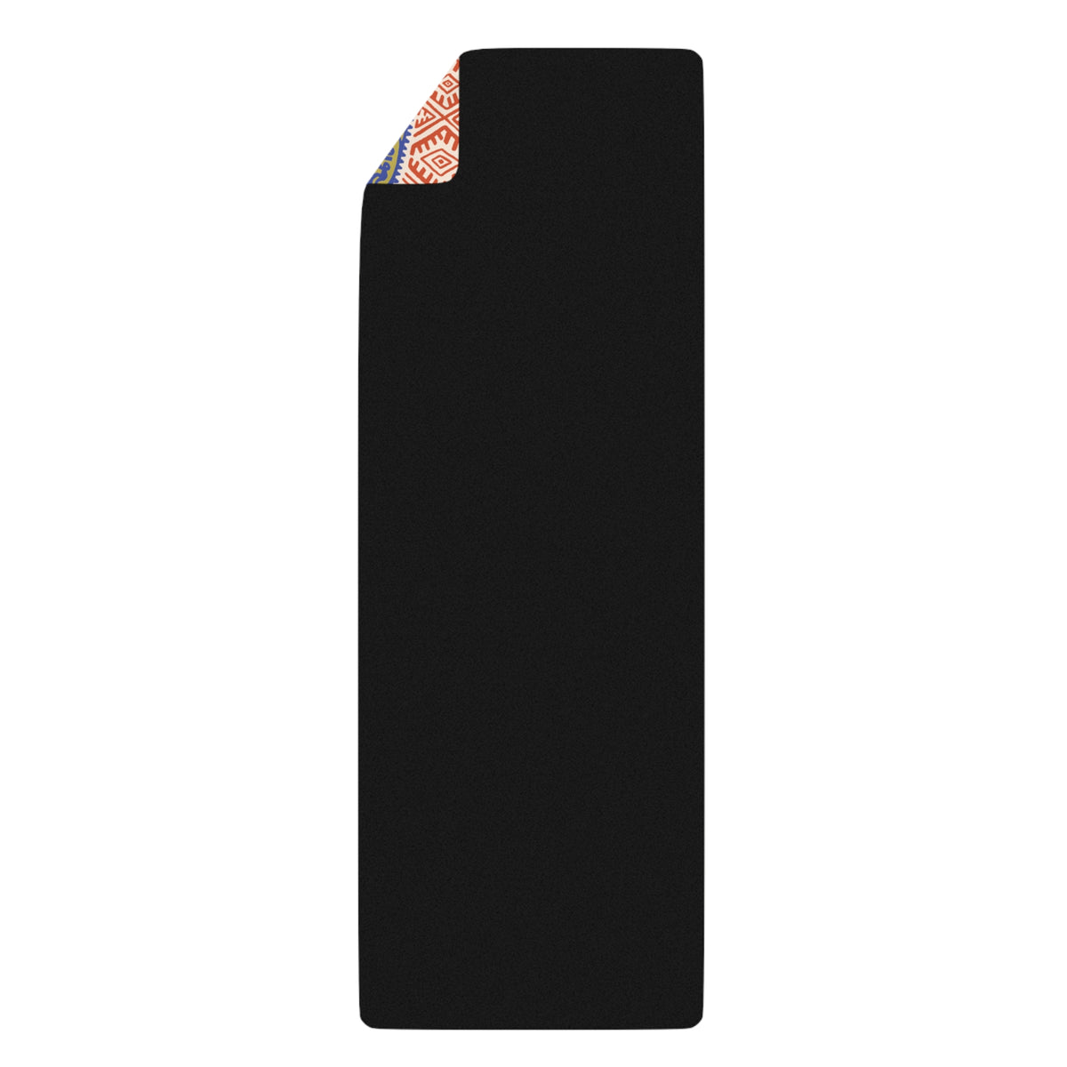 Black back side of the Colombian Dreams Mandala Circle yoga mat with one corner turned to reveal the red and blue print