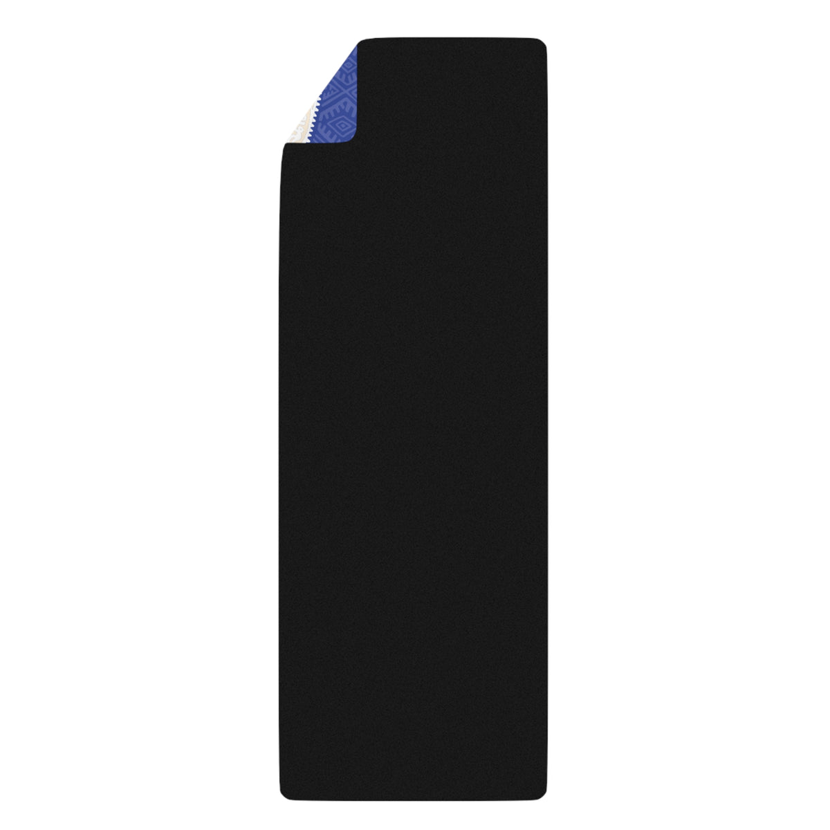 Back of the Colombian Dreams blue mandala yoga mat in black rubber with a corner turned up