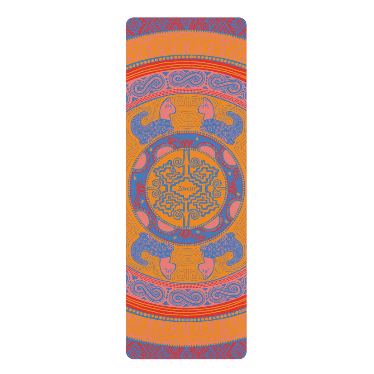 Flat view of Zaveur Colombian Dreams yoga mat with orange, blue and pink mandala pattern and illustrated animal figures
