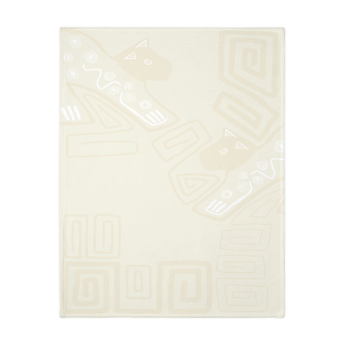 Colombian Dreams cream blanket laid flat with tone-on-tone line-art cats and spiral squares