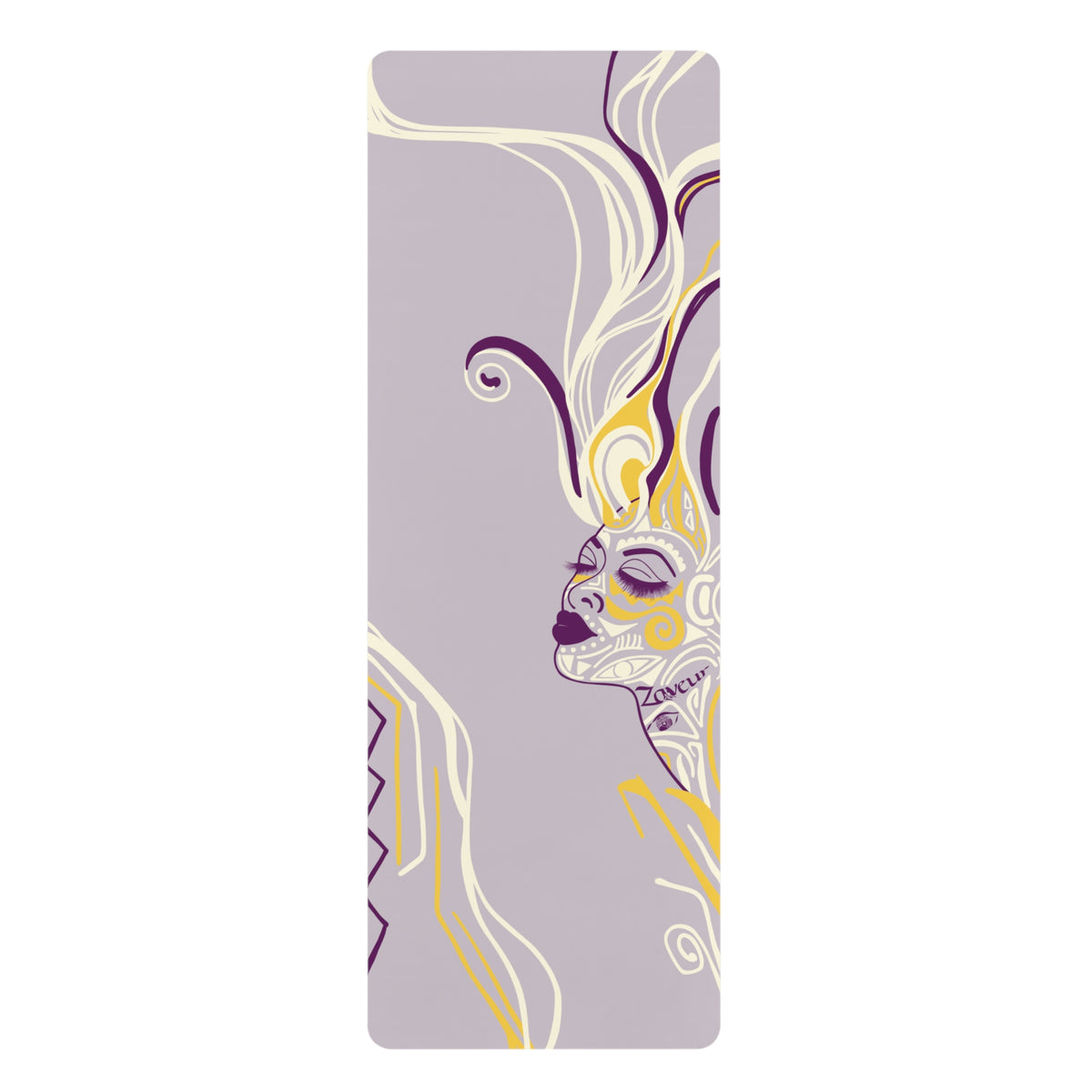 Queen of Phoenix rubber yoga mat flat, lilac with a yellow and purple line-art face in profile and flowing hair lines