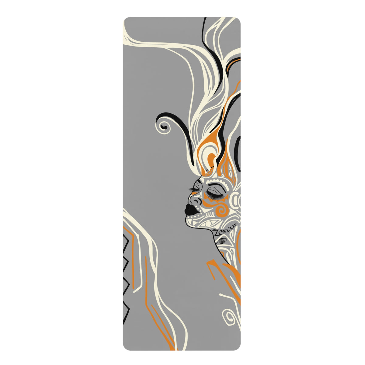 Grey Queen of Phoenix yoga mat laid flat with line-art face profile and flowing cream, black and orange lines