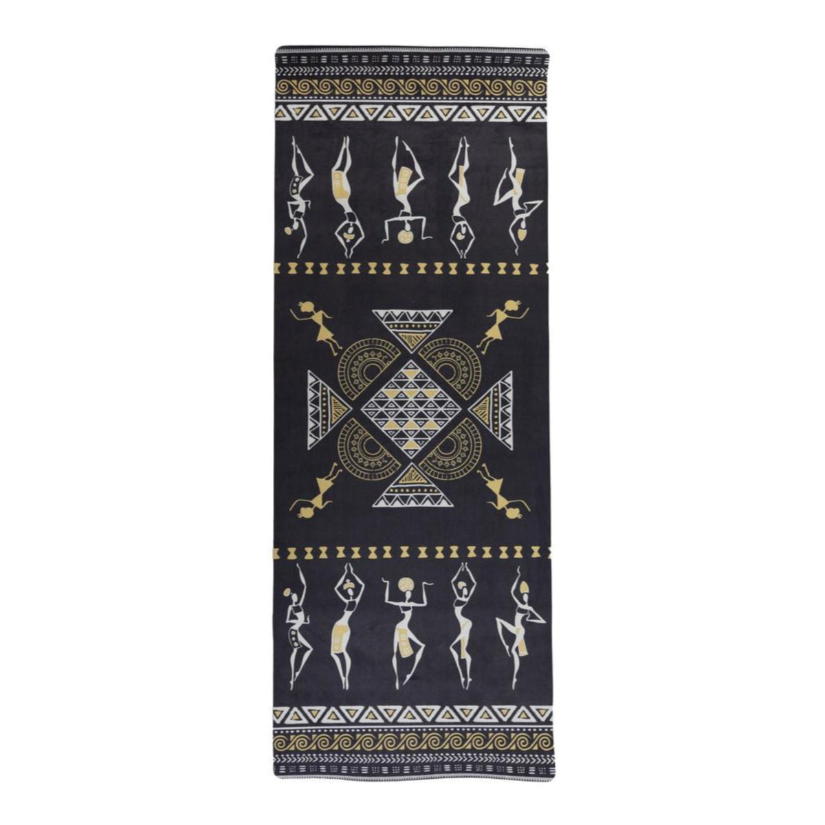 Dancing Ladies PU yoga mat in charcoal black with gold and white dancing figures around a geometric center