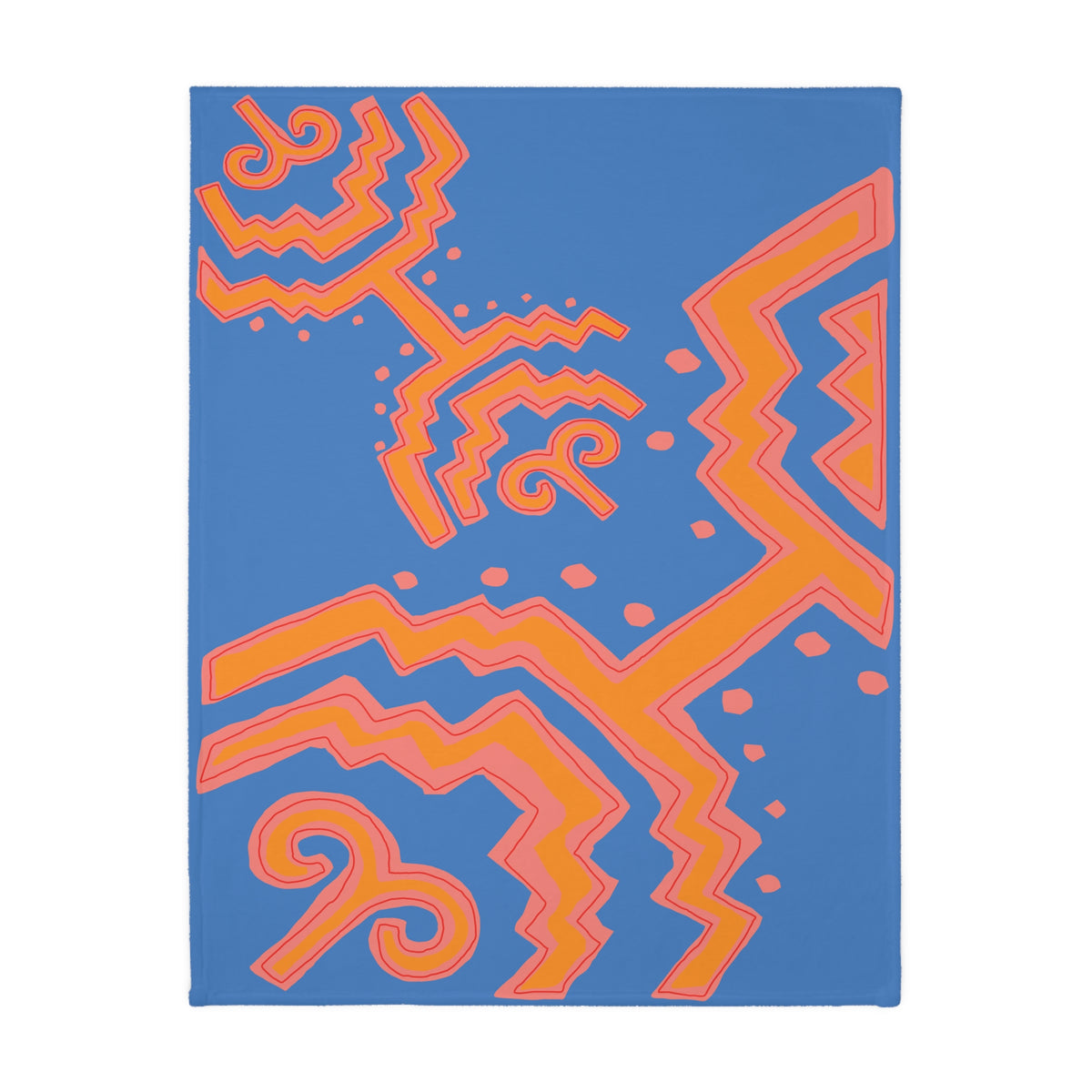 Colombian Dreams blanket back side laid flat, blue with orange and coral zigzag and swirl motifs