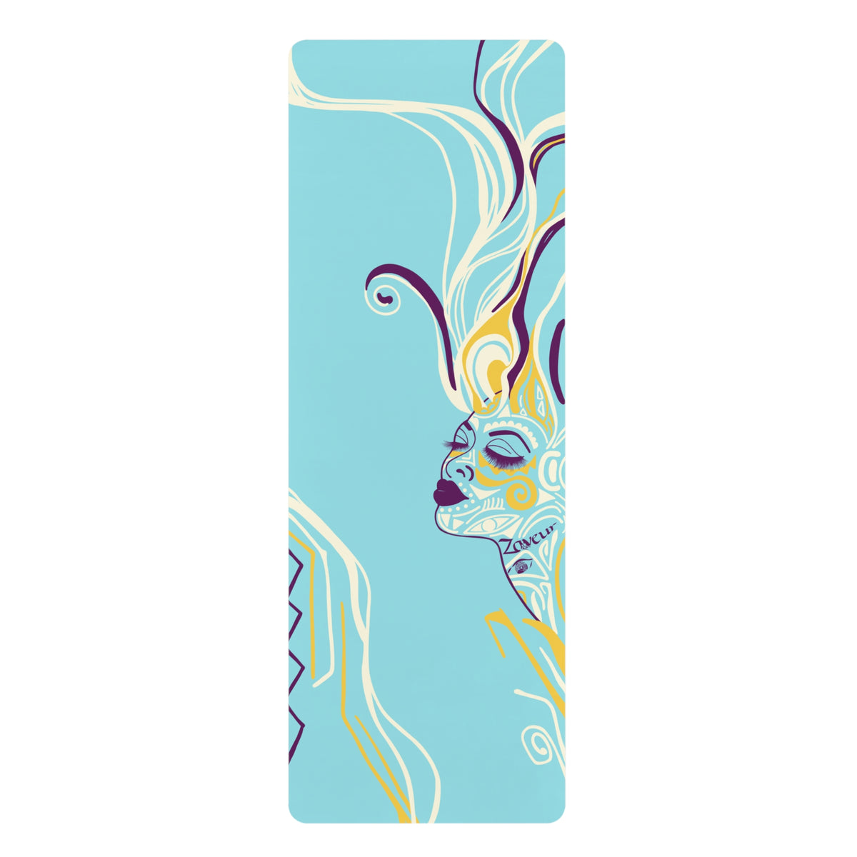 Queen of Phoenix turquoise rubber yoga mat flat, line-art face in profile with yellow, purple and cream hair lines