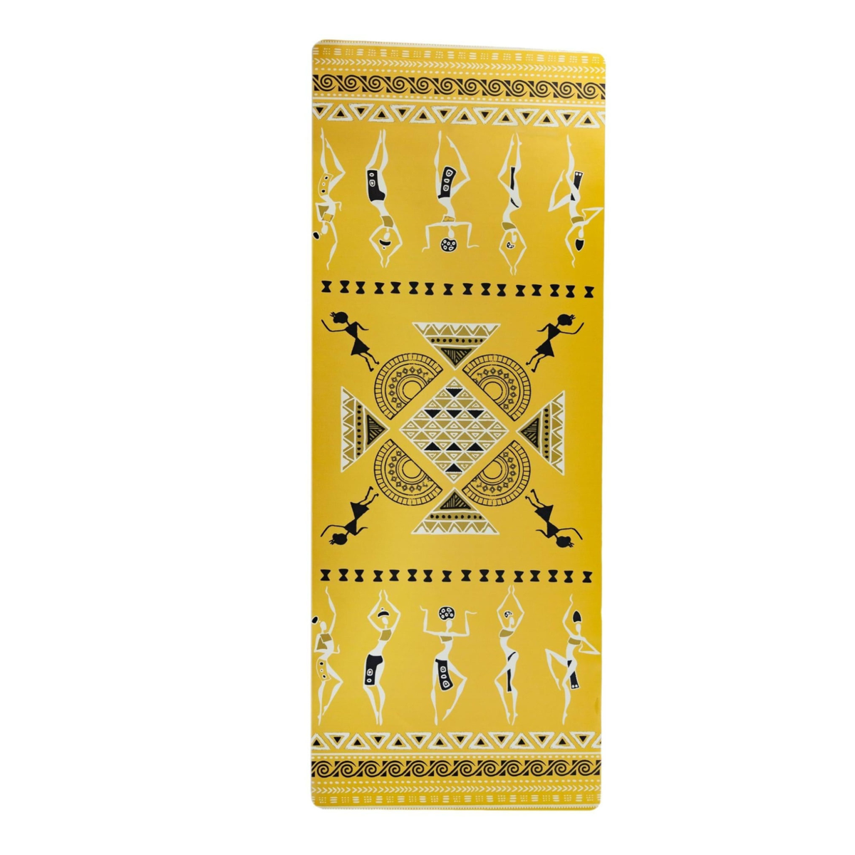 Dancing Ladies PU yoga mat in mustard yellow with white and black dancing figures and a central geometric motif