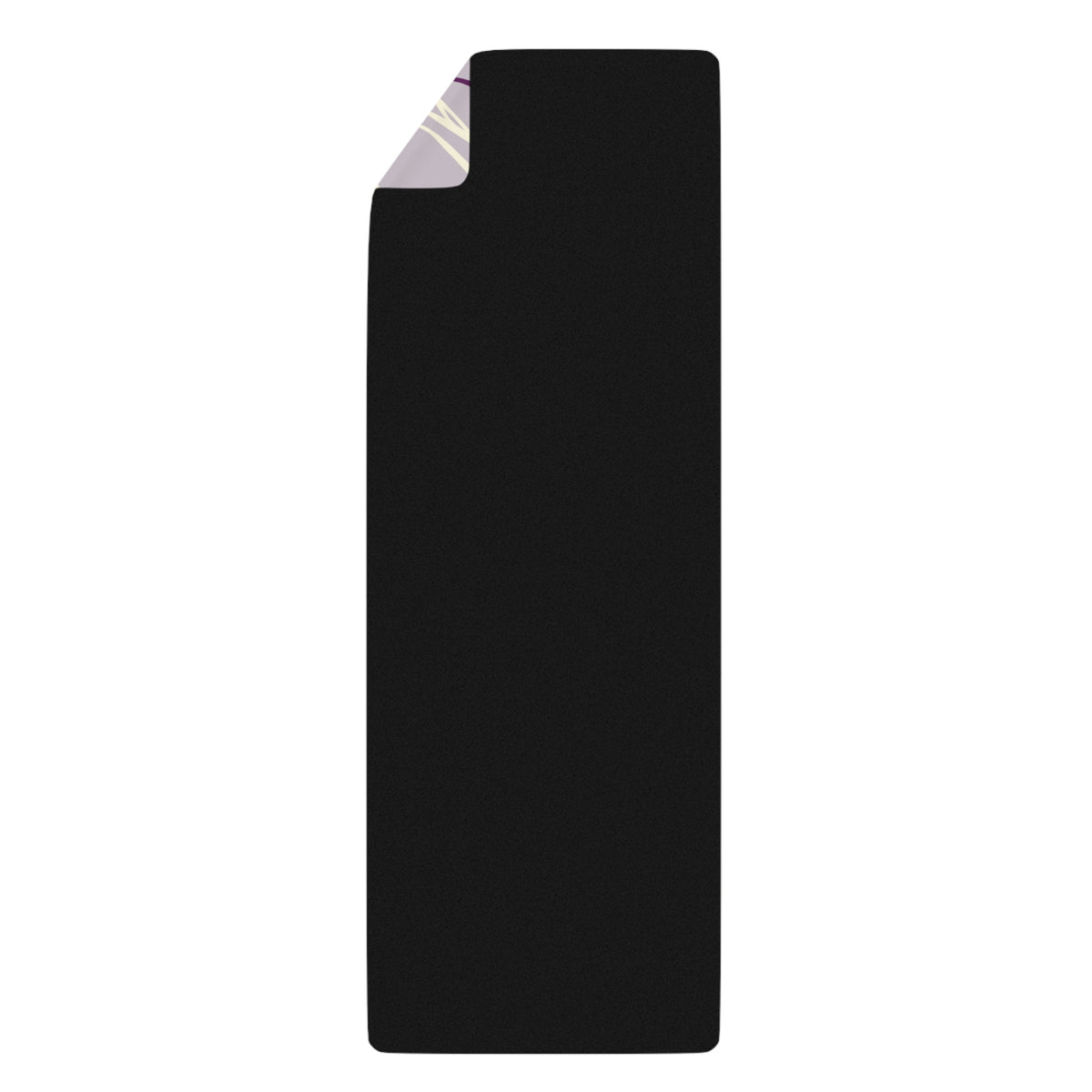 Back side of the Queen of Phoenix lilac yoga mat, black rubber base with a folded corner showing the print