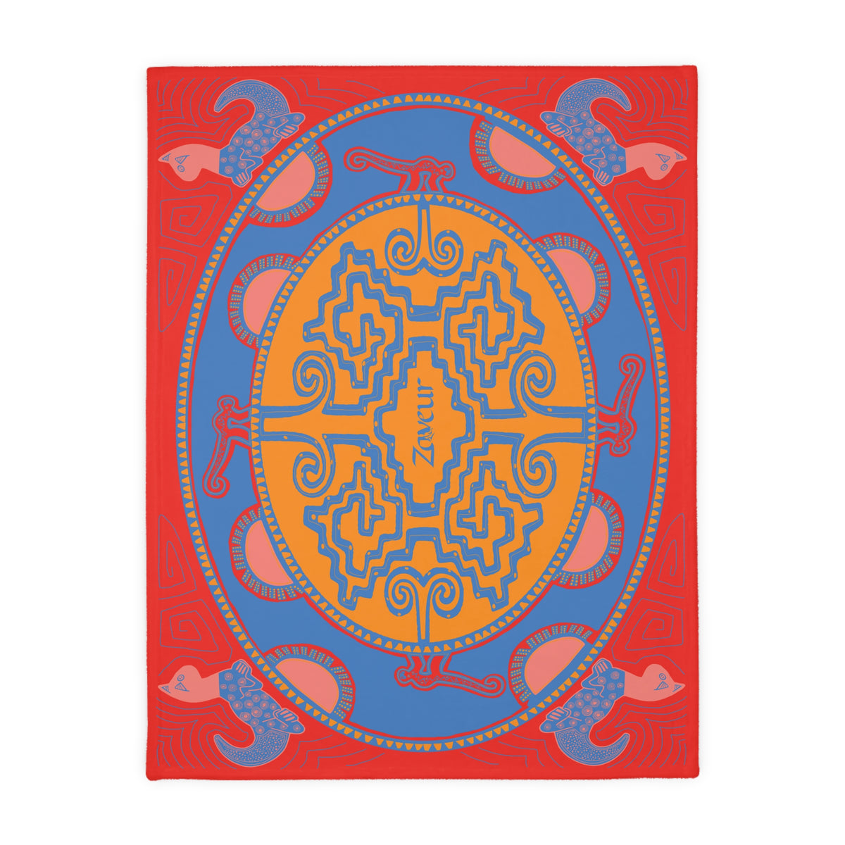 Colombian Dreams medallion blanket laid flat, red border, blue oval and orange geometric center with Zaveur logo