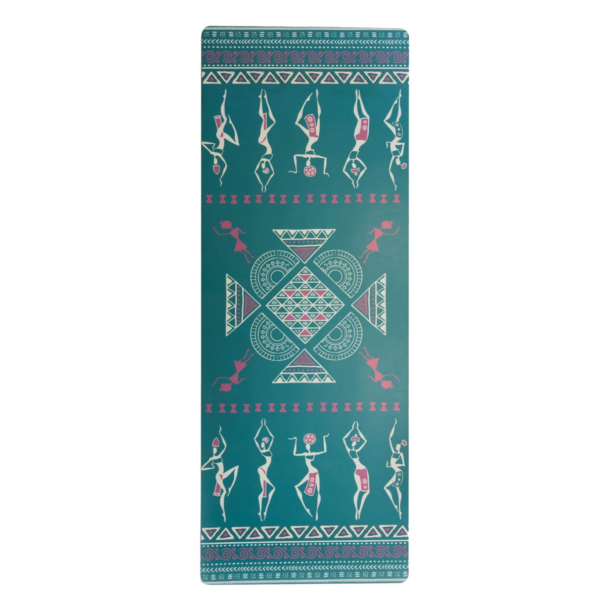 Teal Dancing Ladies yoga mat laid flat with rows of cream and pink dancing figures around a geometric center motif
