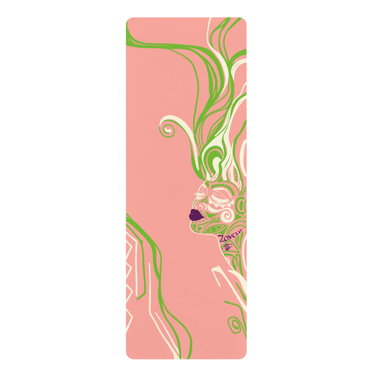Queen of Phoenix pink rubber yoga mat flat, green and cream line-art face with purple lips and flowing hair