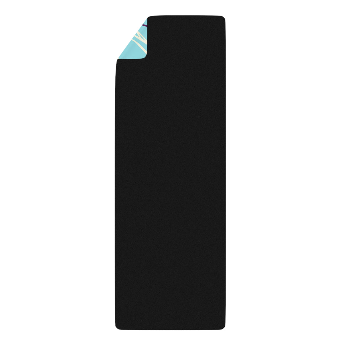 Black rubber back of the Queen of Phoenix turquoise yoga mat with one corner folded to show the print