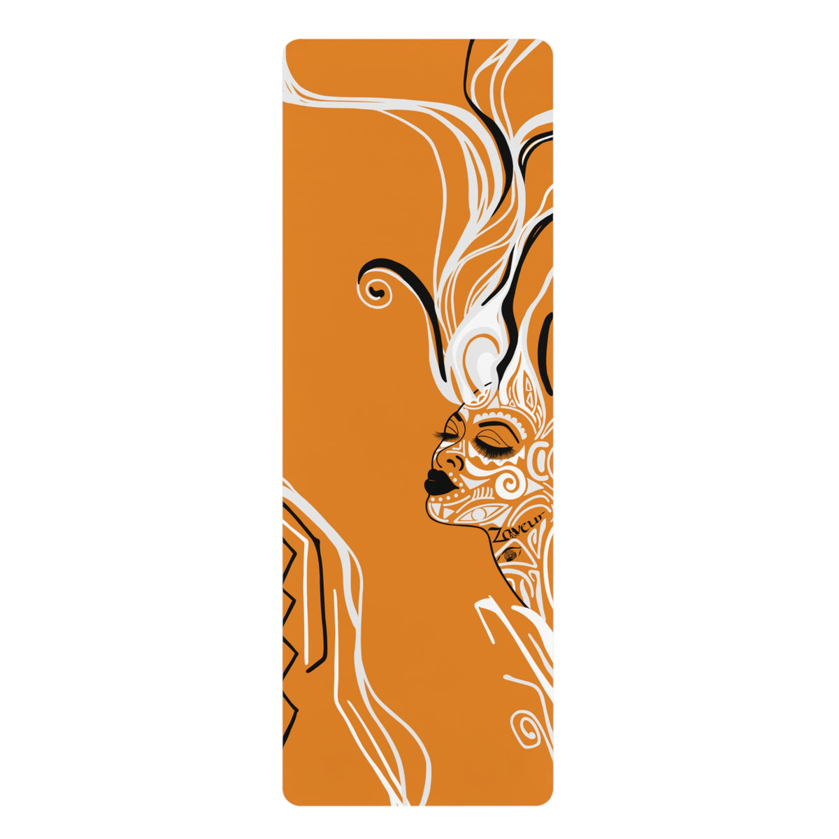 Queen of Phoenix orange rubber yoga mat flat, white and black line-art face in profile with flowing hair