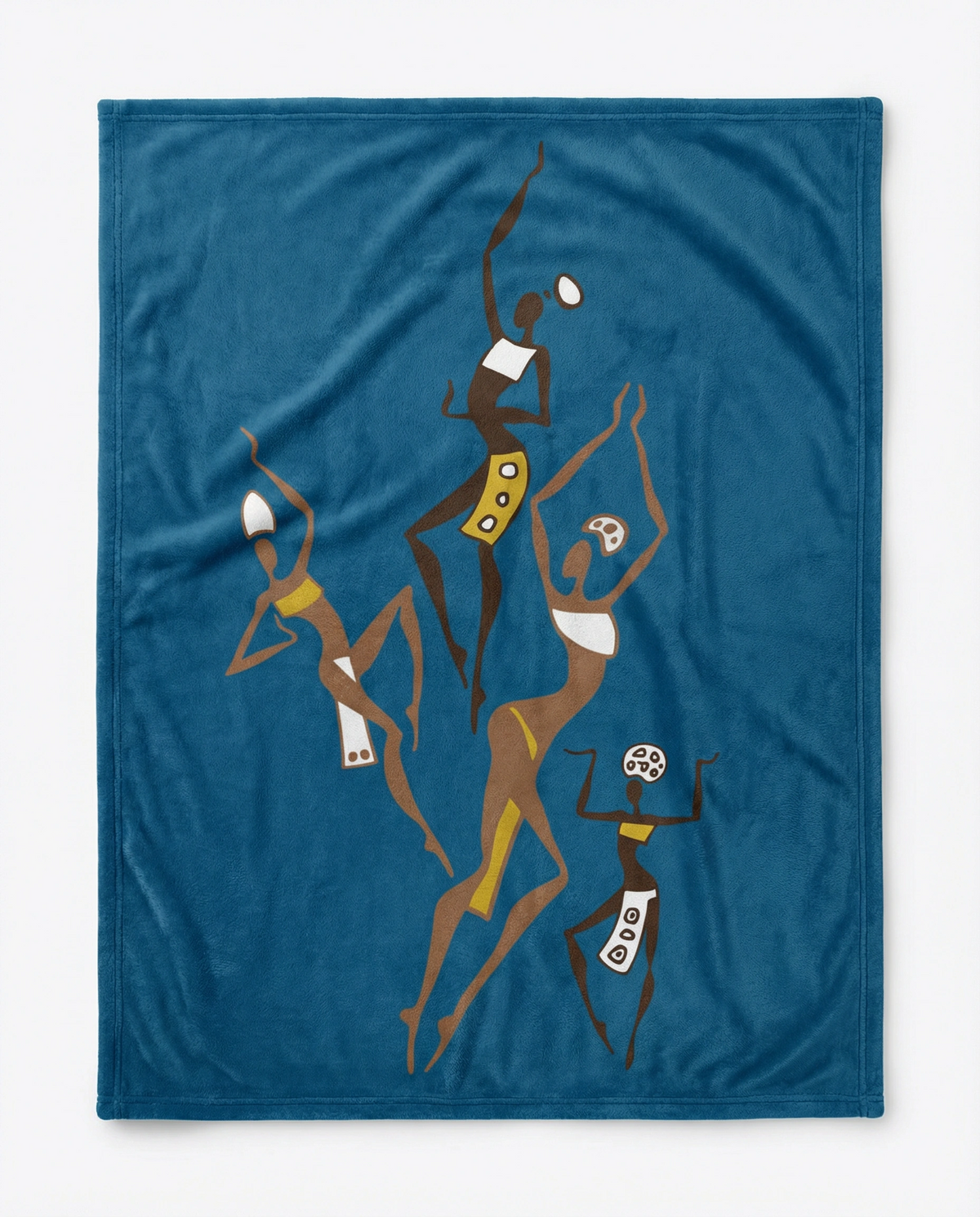 Dancing Ladies velveteen blanket in deep teal, laid flat, with five dancing figures in brown, gold and white