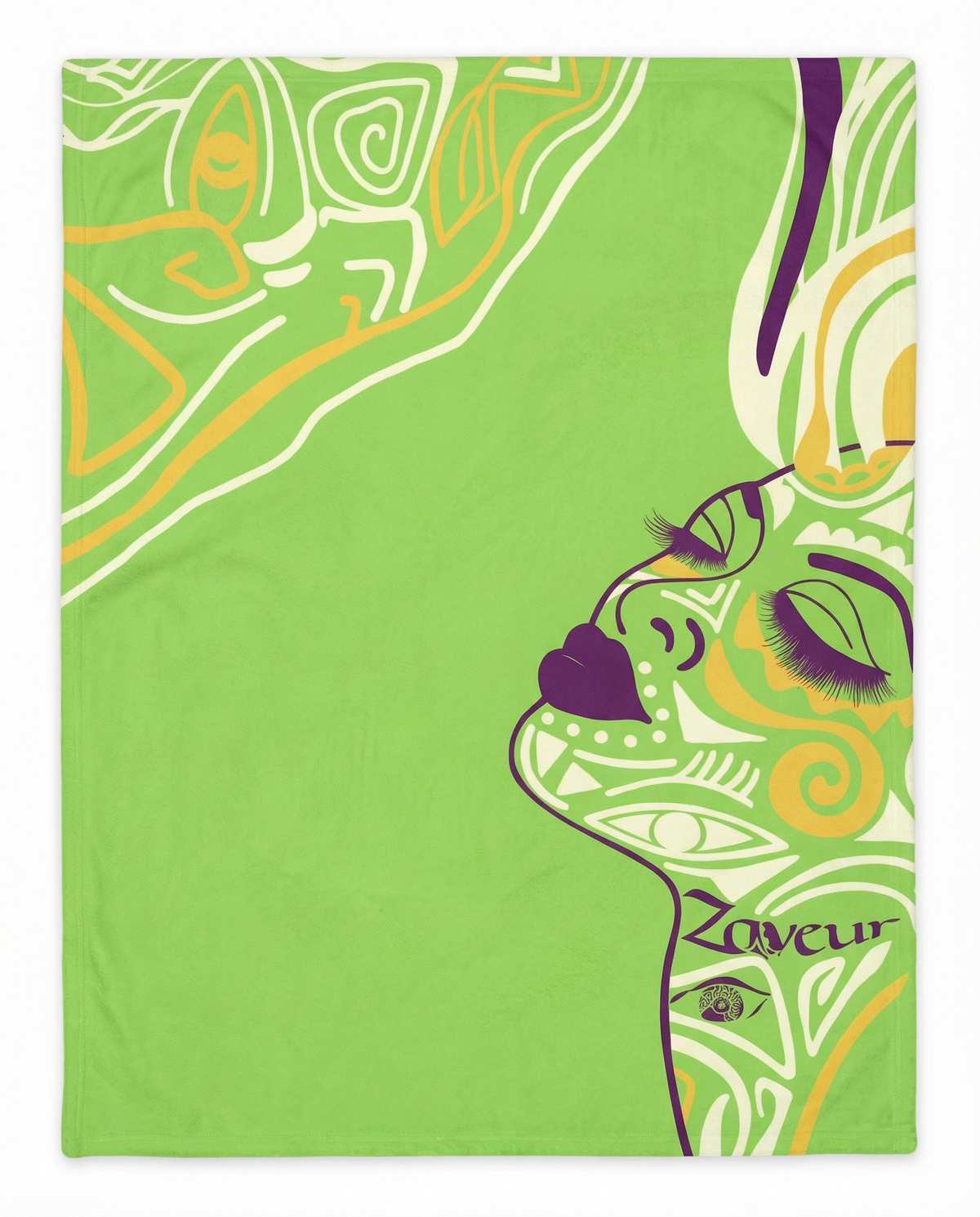 Queen of Phoenix velveteen blanket in lime green with a purple, gold and cream line-art face in profile, laid flat