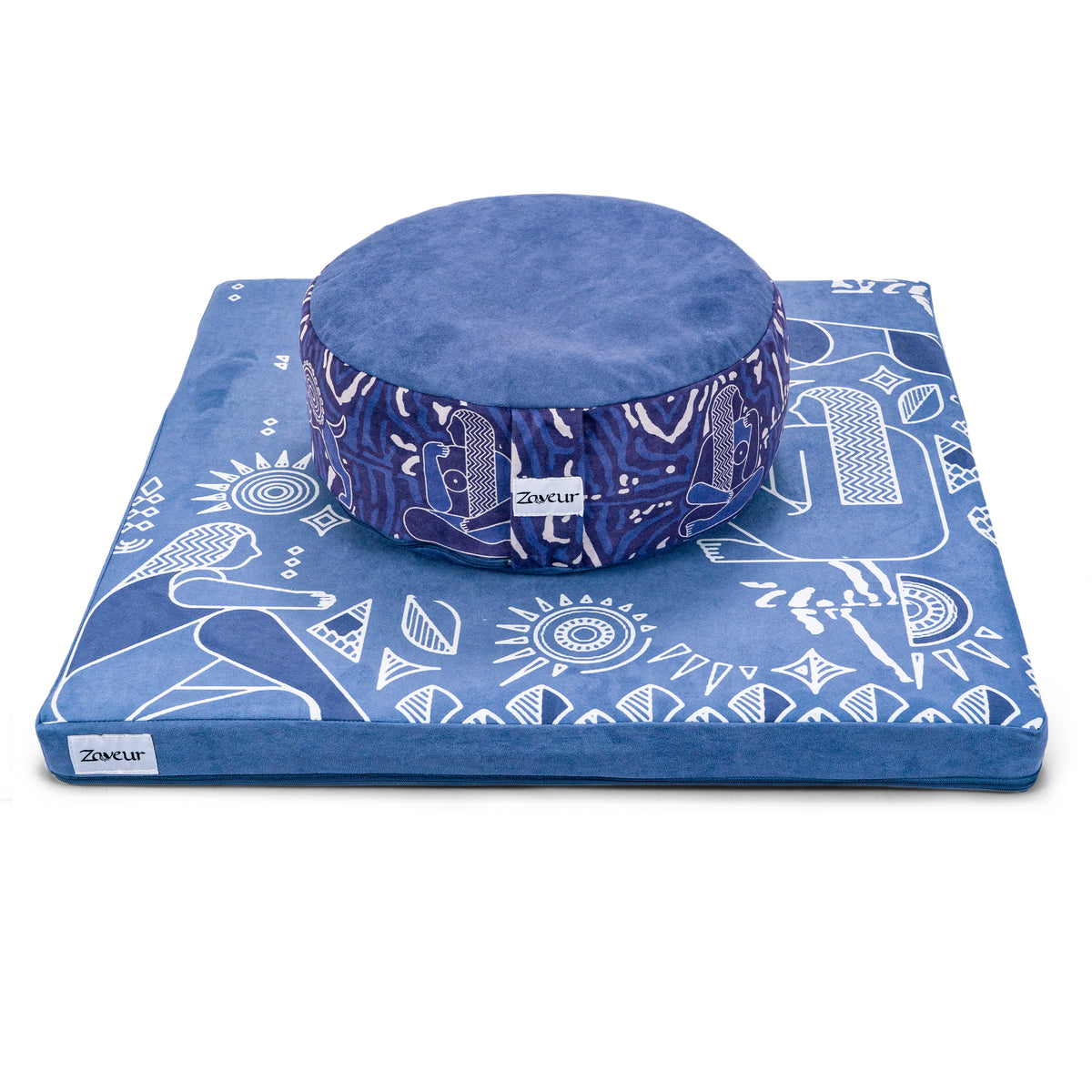 Royal Court round blue velvet meditation cushion on a square blue mat with white line-art figures and sun motifs