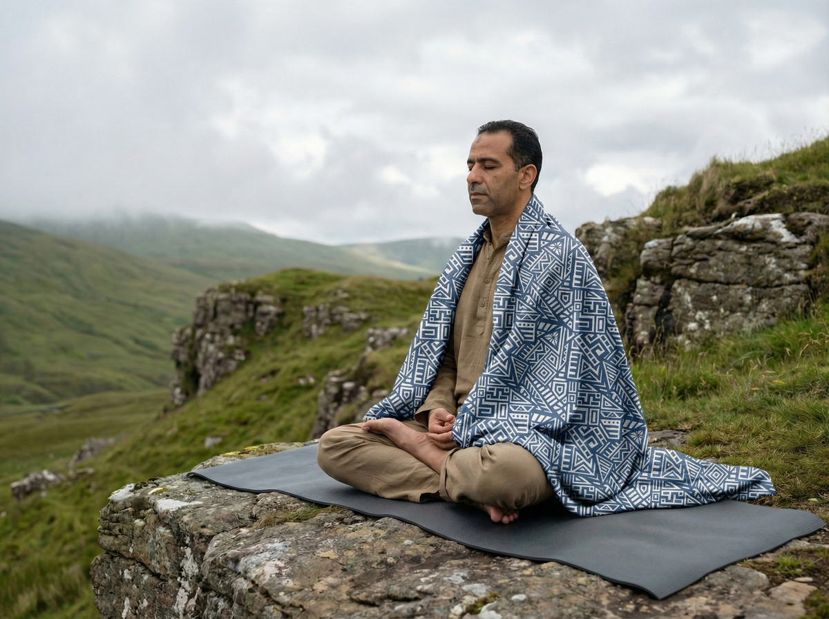 Man meditating on a mountain ledge wrapped in the blue and white geometric reverse of the Dancing Ladies blanket