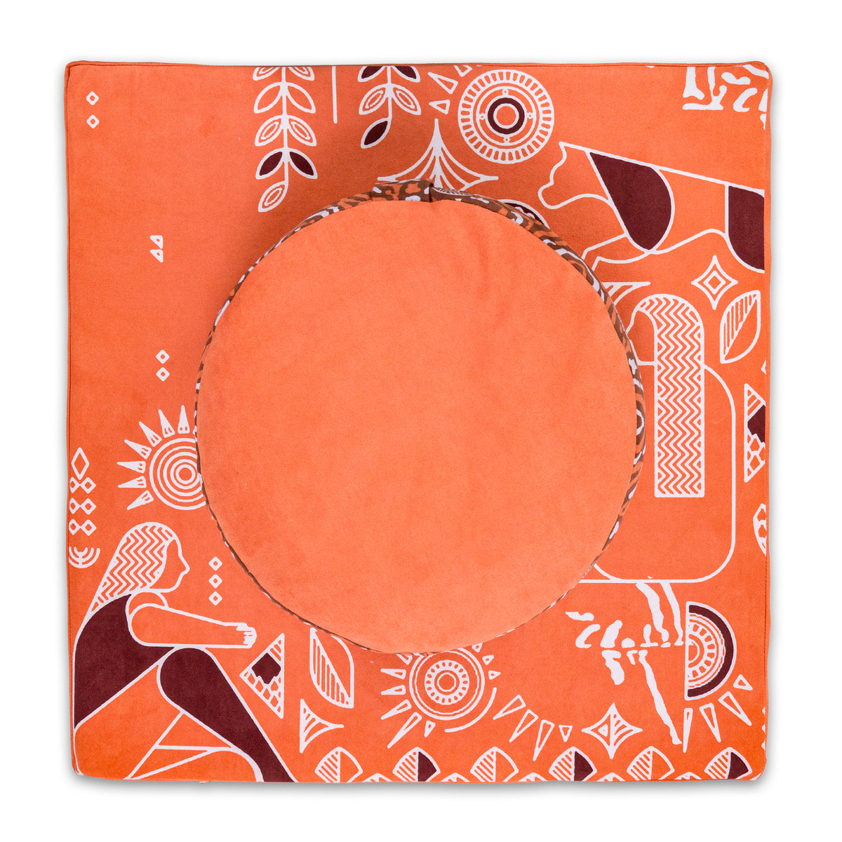 Top view of a round orange Royal Court meditation cushion on a square orange mat with a white and maroon line-art pattern