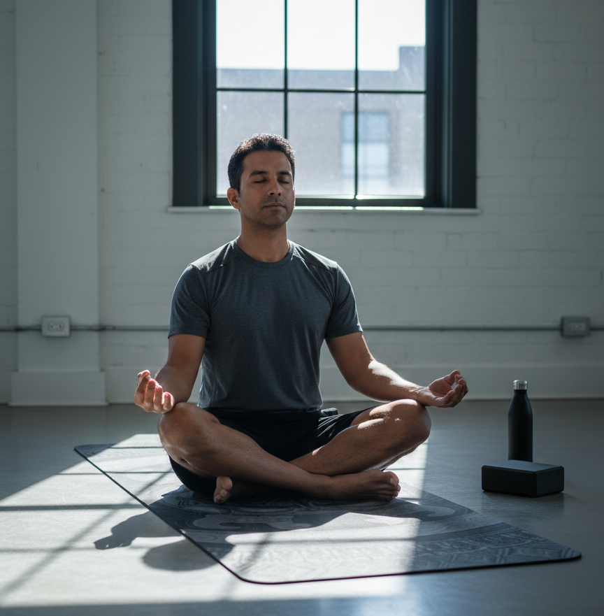 Man meditating cross-legged on the black and grey Colombian Dreams yoga mat in a loft with a tall window