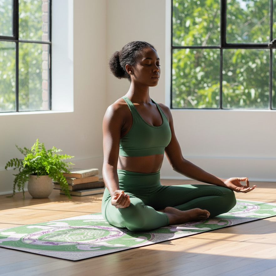 Woman meditating cross-legged on the green and lilac Colombian Dreams yoga mat in a bright room with tall windows