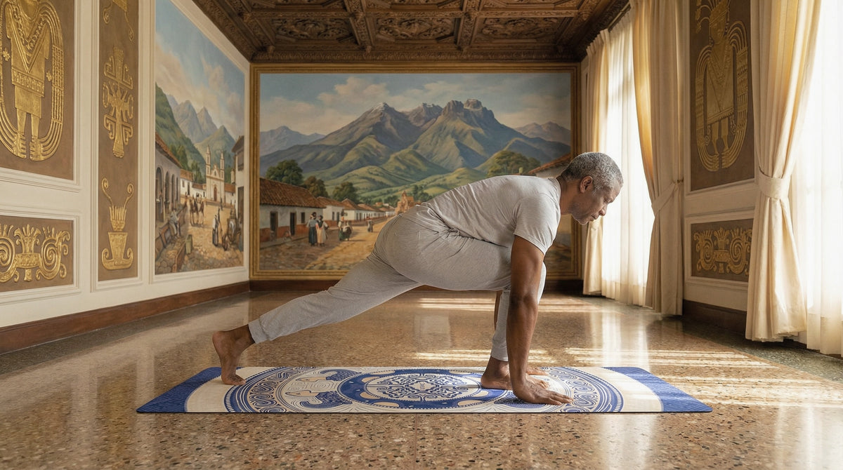 Man stretching in a low lunge on the blue and white Colombian Dreams yoga mat in a grand room with landscape murals