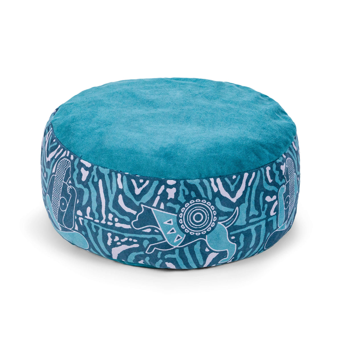 Royal Court meditation cushion in teal with a solid top and white line-art figures and geometric shapes around the side