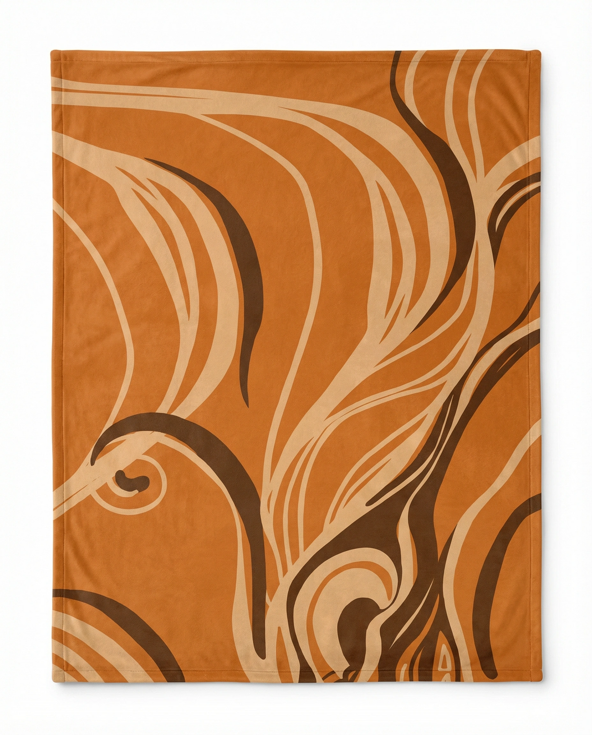 Reverse of the Queen of Phoenix blanket in burnt orange with flowing cream and brown lines, laid flat