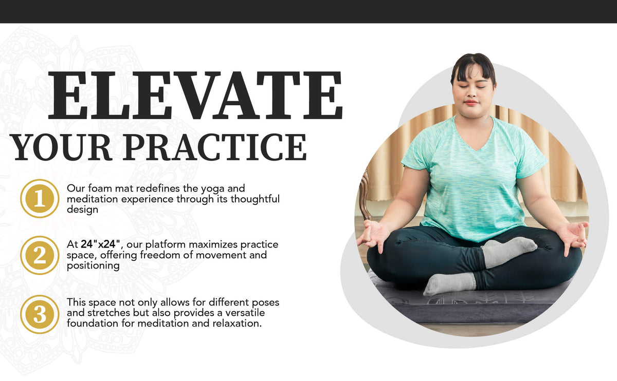 Woman meditating on a grey Royal Court zabuton mat in an infographic headed Elevate Your Practice, noting 24 x 24 in