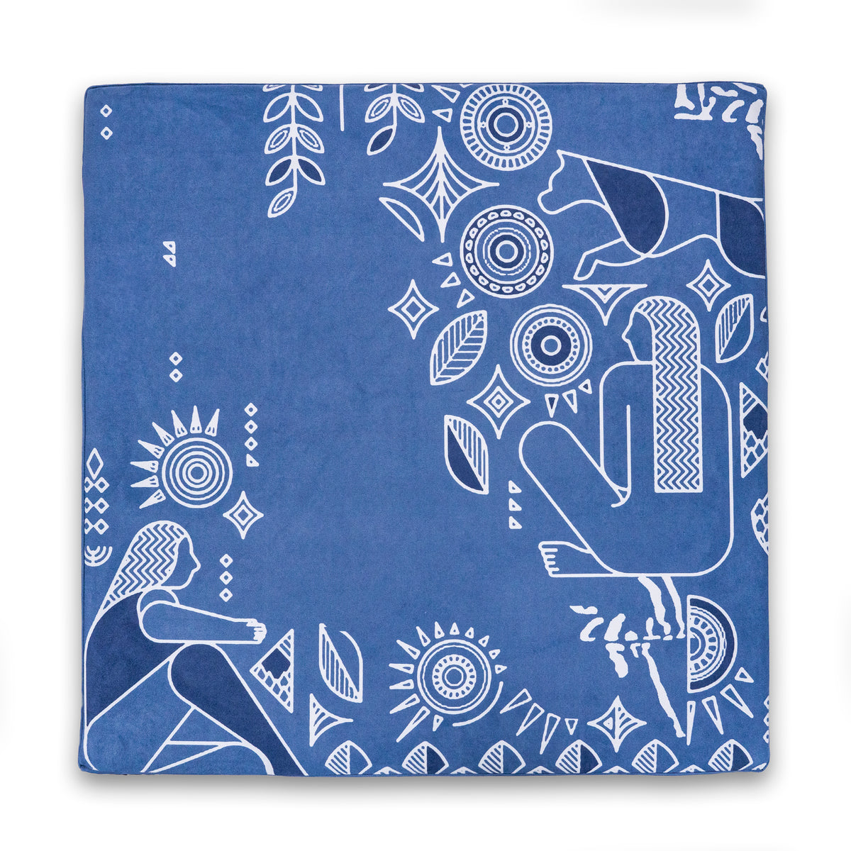 Royal Court zabuton meditation mat in blue seen from above, white line-art figures, sun discs and leaves on two corners