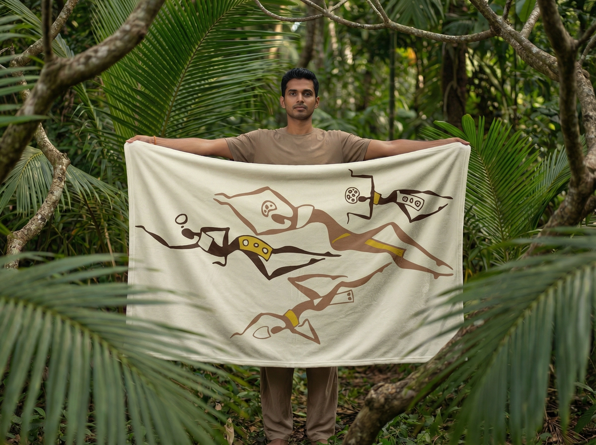 Man holding the off-white Dancing Ladies blanket open in a tropical forest, dancing figures across the front