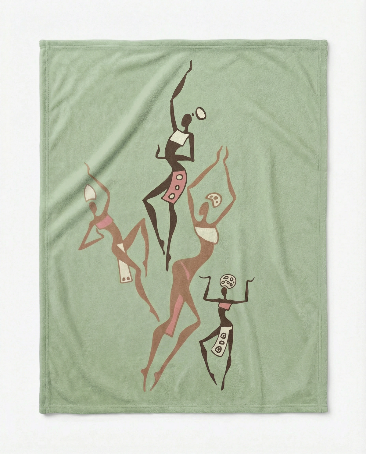 Dancing Ladies velveteen blanket in sage green, laid flat, with five dancing figures in brown, pink and cream