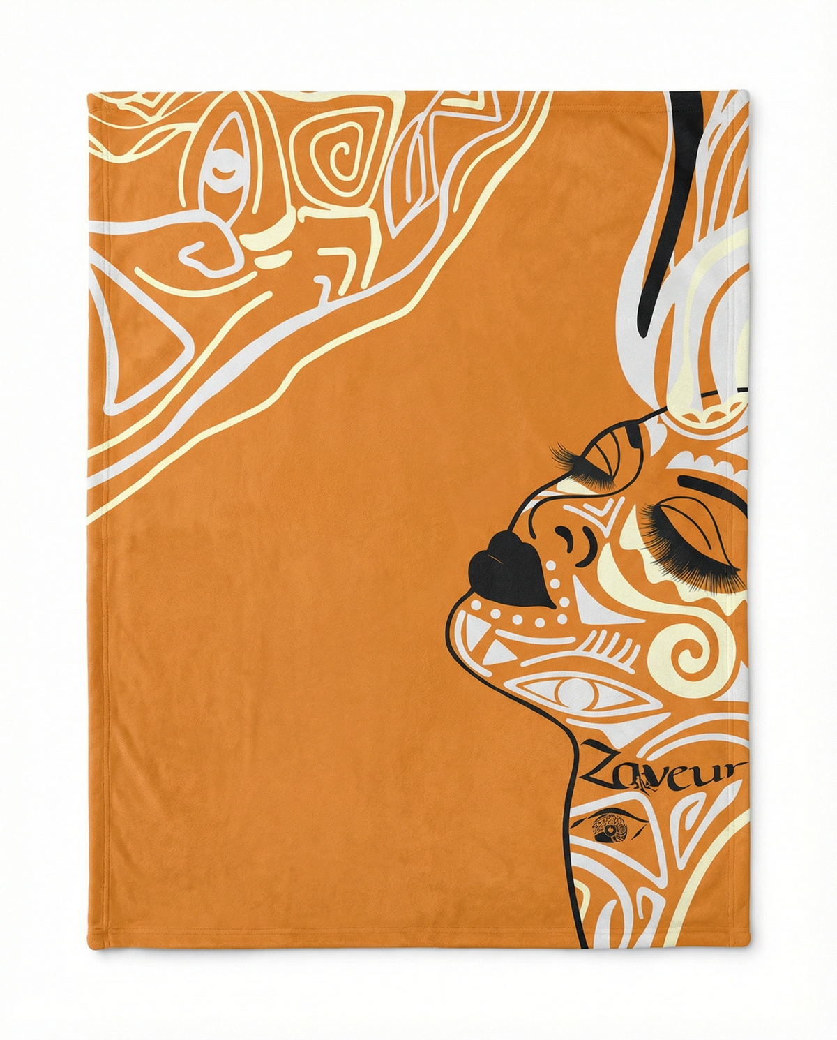 Queen of Phoenix velveteen blanket in orange with a cream and black line-art face in profile, eyes closed, laid flat
