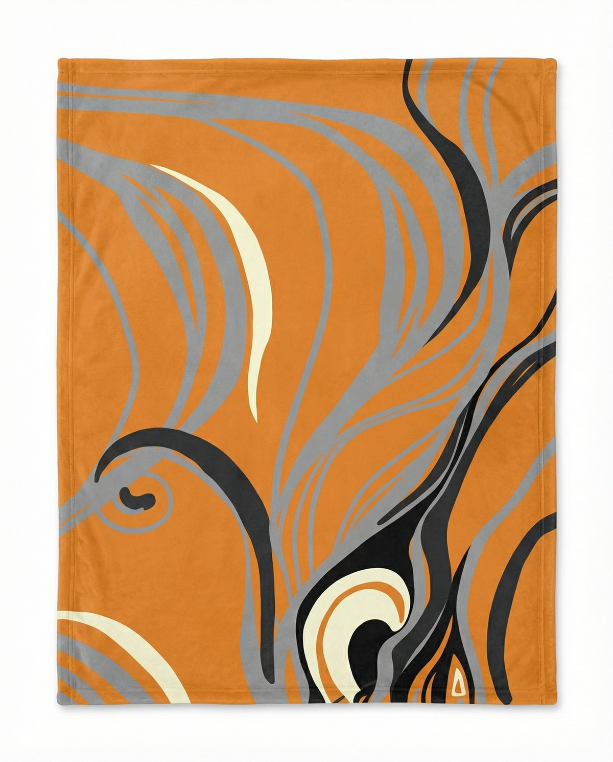 Reverse of the Queen of Phoenix blanket in orange with flowing grey, black and cream lines, laid flat