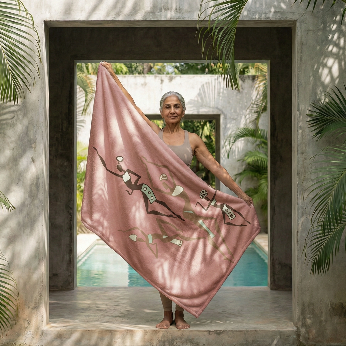 Woman holding the rose pink Dancing Ladies blanket open in a courtyard doorway, palms and a pool behind her