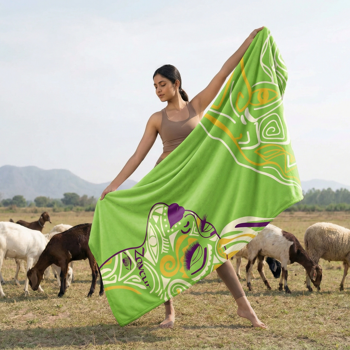 Woman holding up the lime green Queen of Phoenix blanket in a pasture with grazing sheep and goats