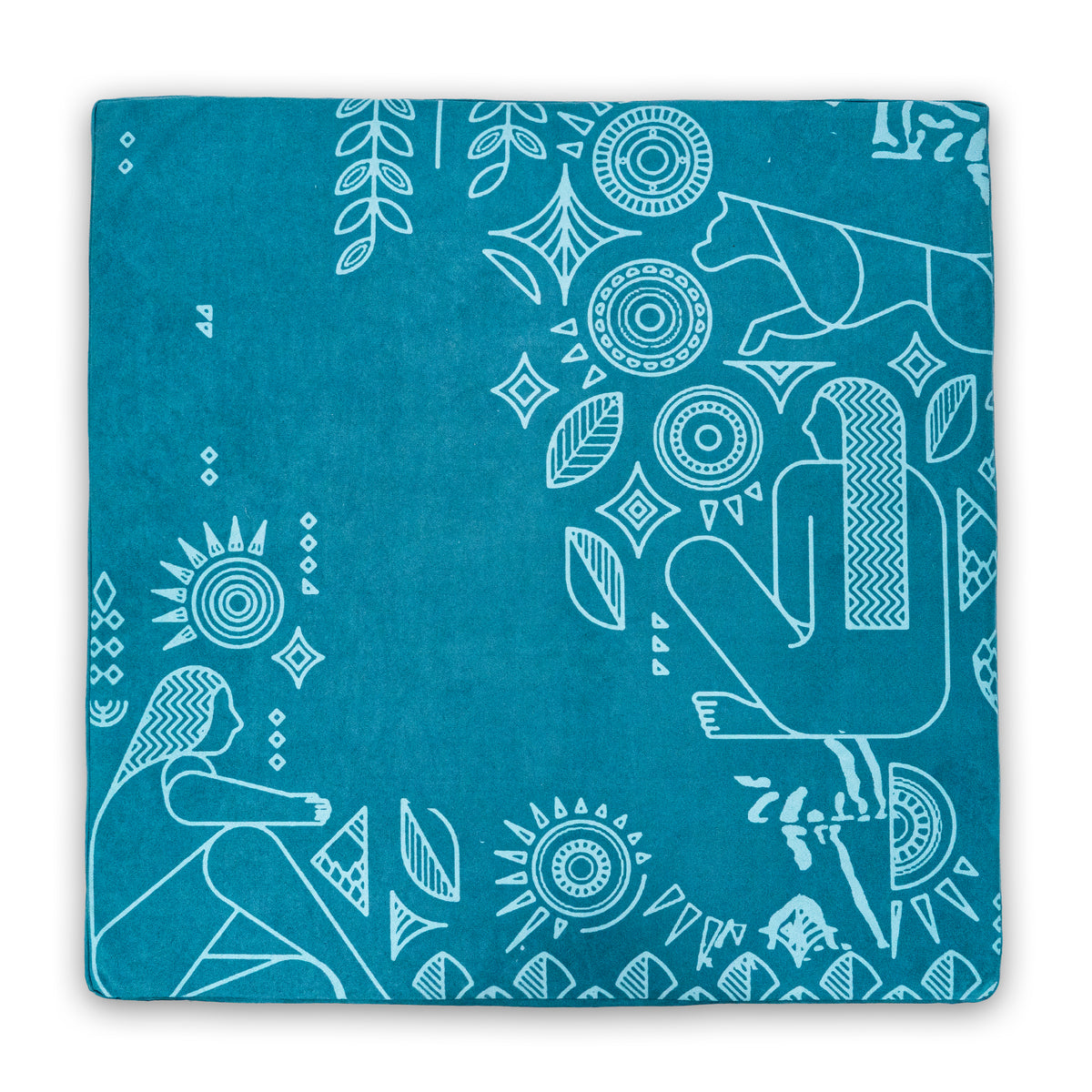 Royal Court square meditation mat in teal with light blue line-art figures, a feline, leaves and sun circles
