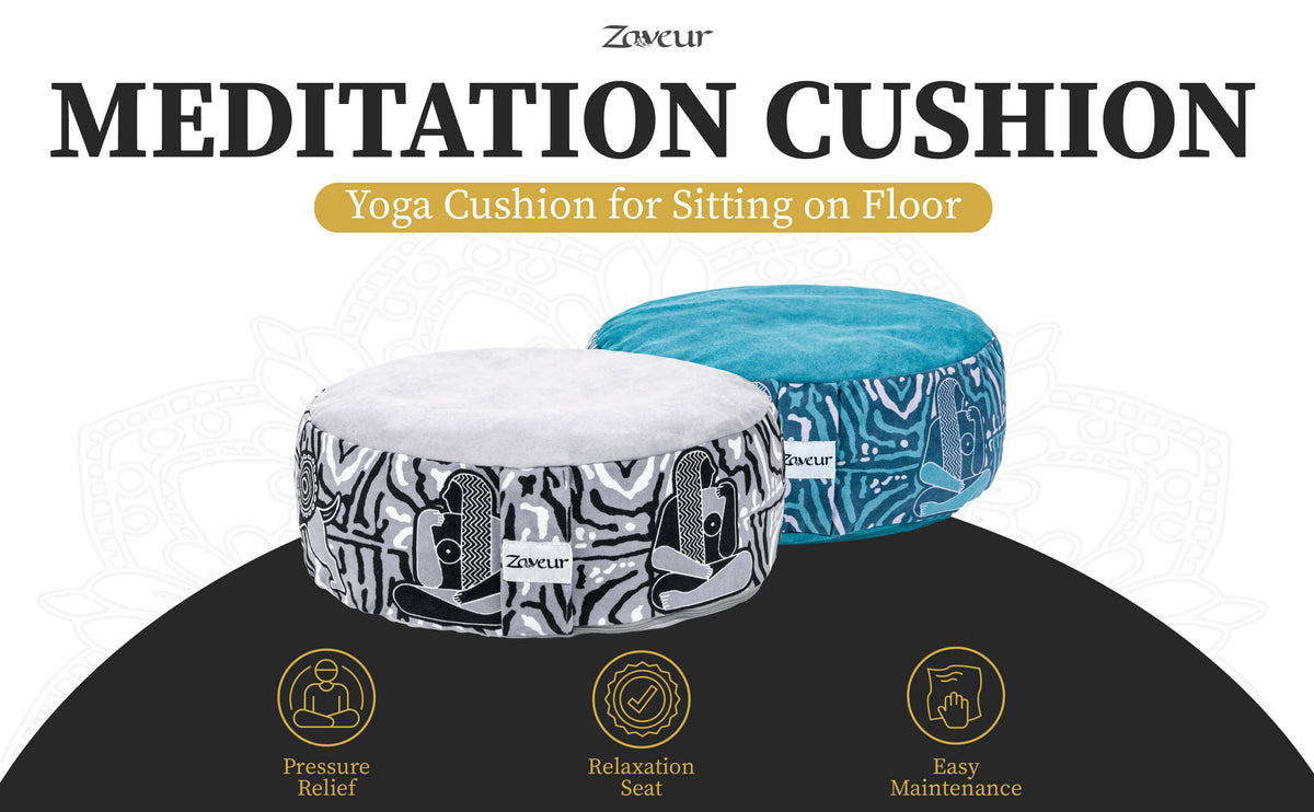 Grey and teal Royal Court meditation cushions on a banner headed Meditation Cushion, with three feature icons