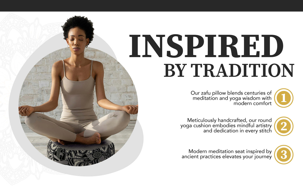Woman meditating cross-legged on a grey Royal Court meditation cushion in an infographic with three numbered points