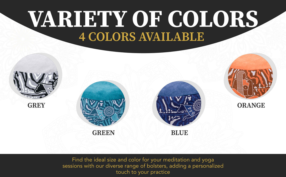 Royal Court meditation cushion shown in four colors, grey, green, blue and orange, on a Variety of Colors banner