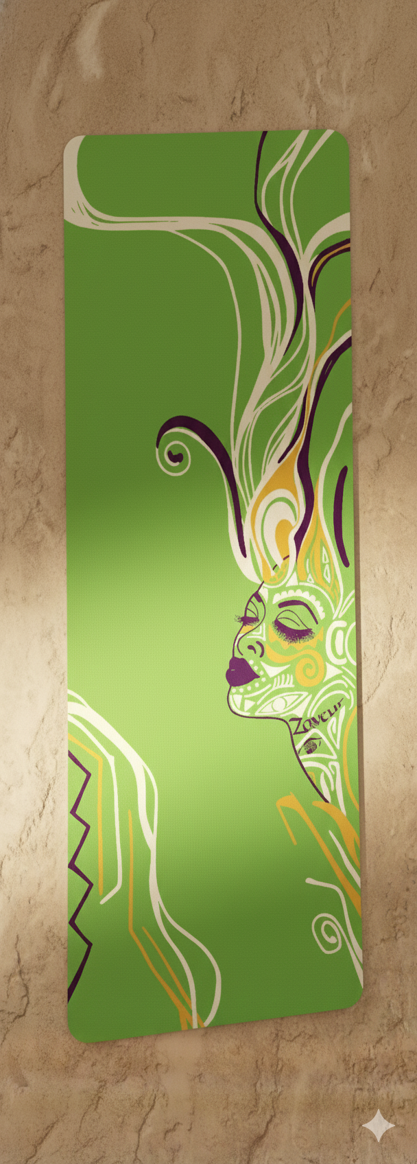 Queen of Phoenix green yoga mat standing against a beige stone wall, line-art face with flowing hair lines