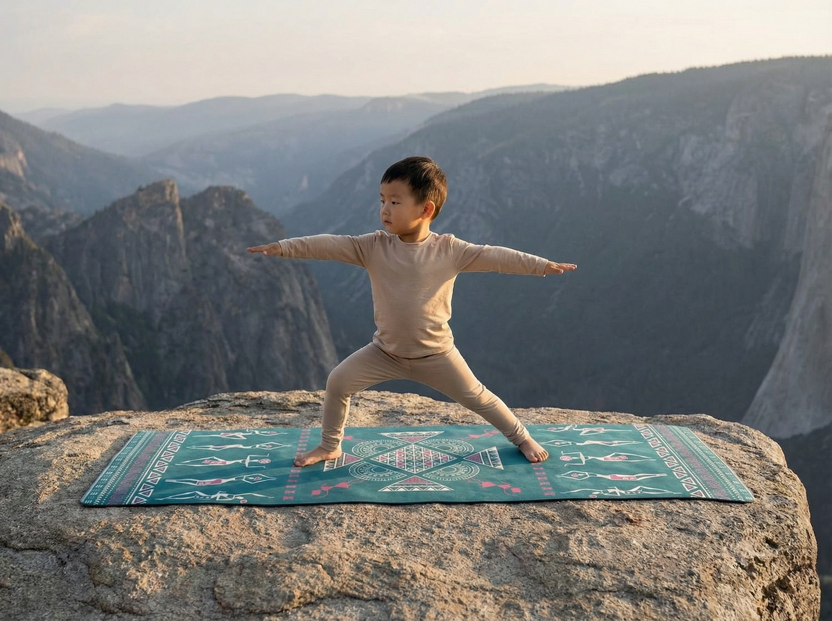 Yoga mat used for outdoor balance and stretching practice in a natural mountain setting