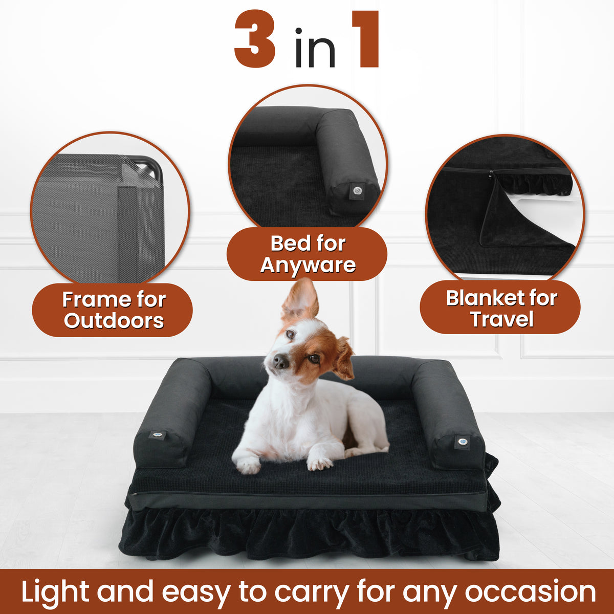 Feature graphic of the three-in-one dog bed with frame, bolster bed and blanket insets and a seated dog