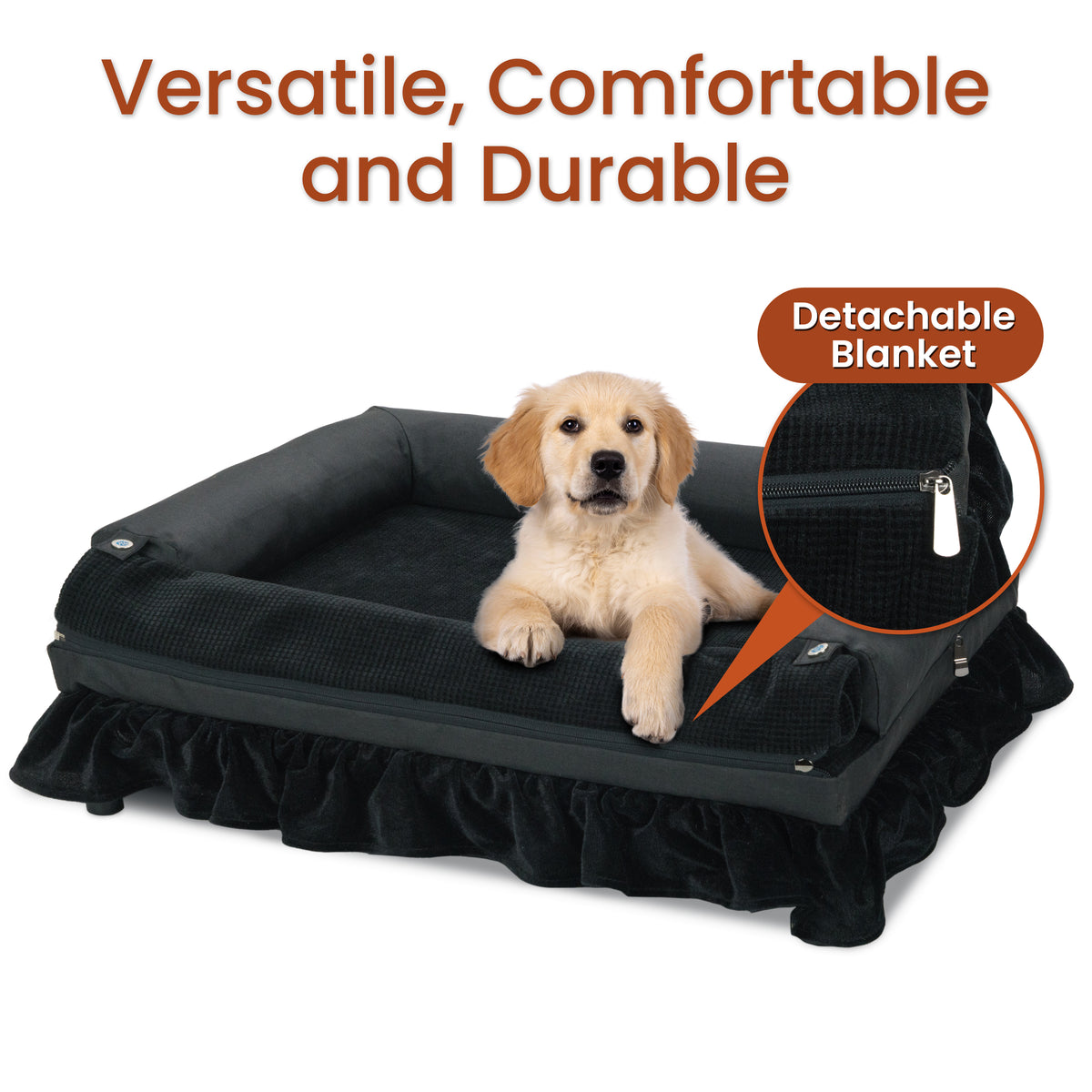 Puppy lying in a black bolster dog bed with ruffled skirt, close-up inset of the zip-off blanket