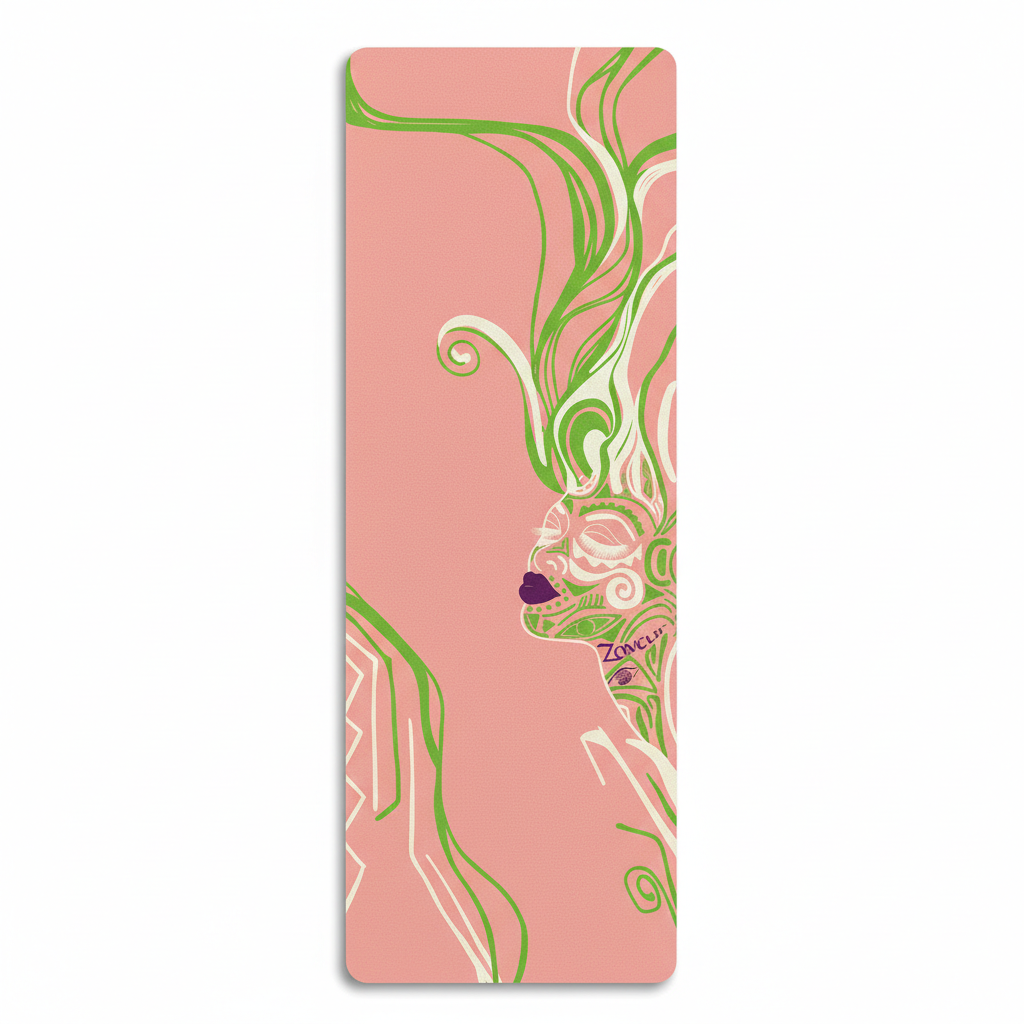 Queen of Phoenix yoga mat in blush pink, a cream line-art face in profile with green flowing hair