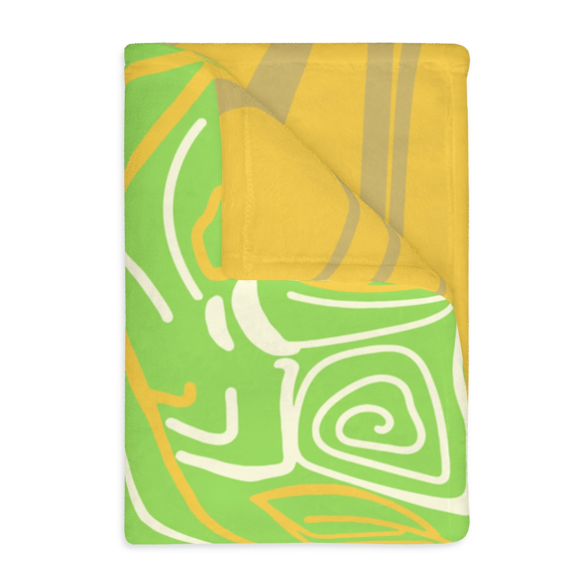 Folded lime green Queen of Phoenix blanket turned back to show the yellow reverse, bold cream and orange line art