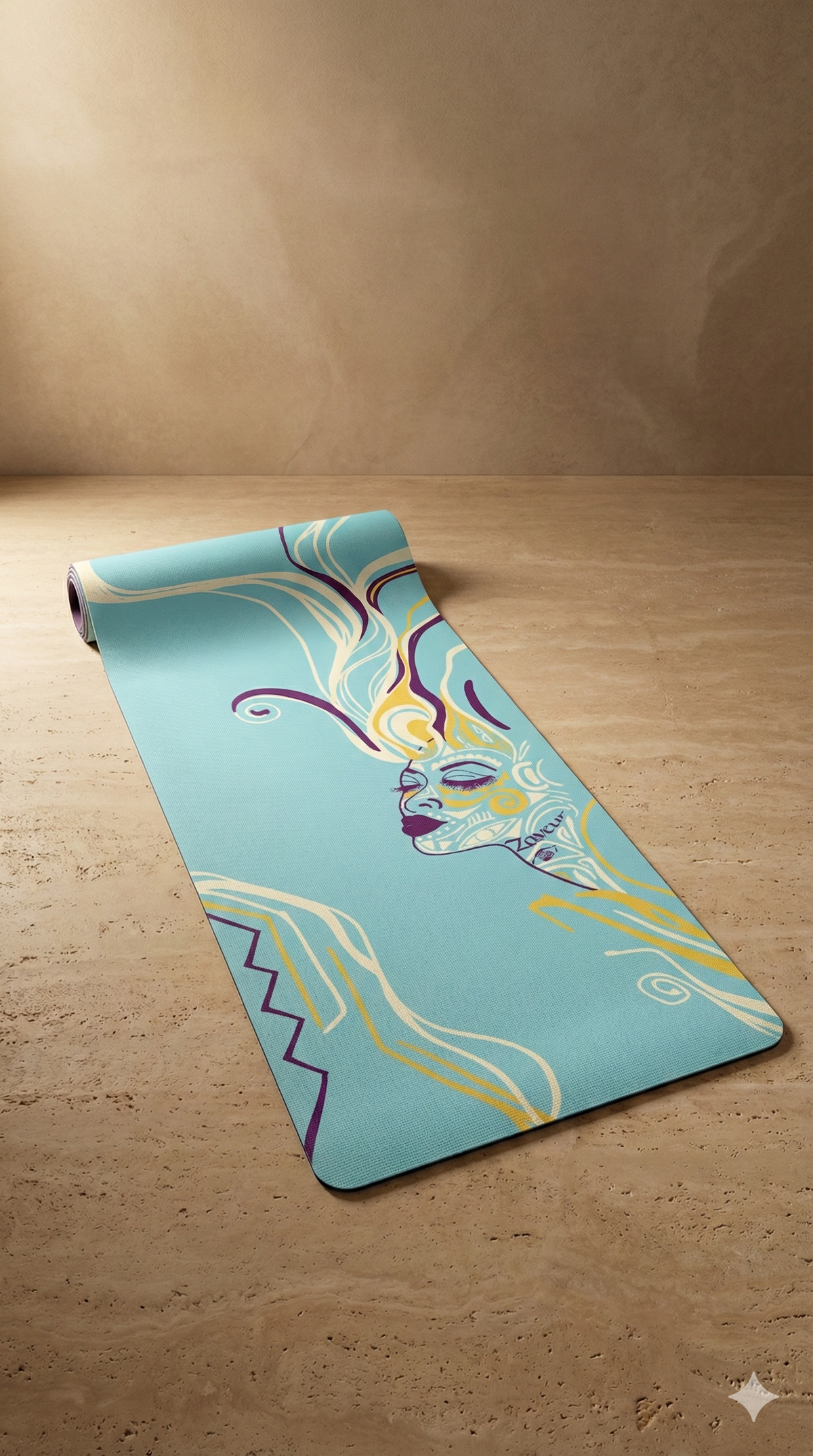 Turquoise Queen of Phoenix yoga mat partly rolled on a stone floor, line-art face with purple and gold lines
