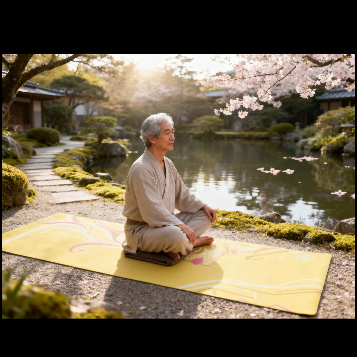 Older man sitting cross-legged on a yellow Queen of Phoenix yoga mat beside a garden pond with cherry blossoms