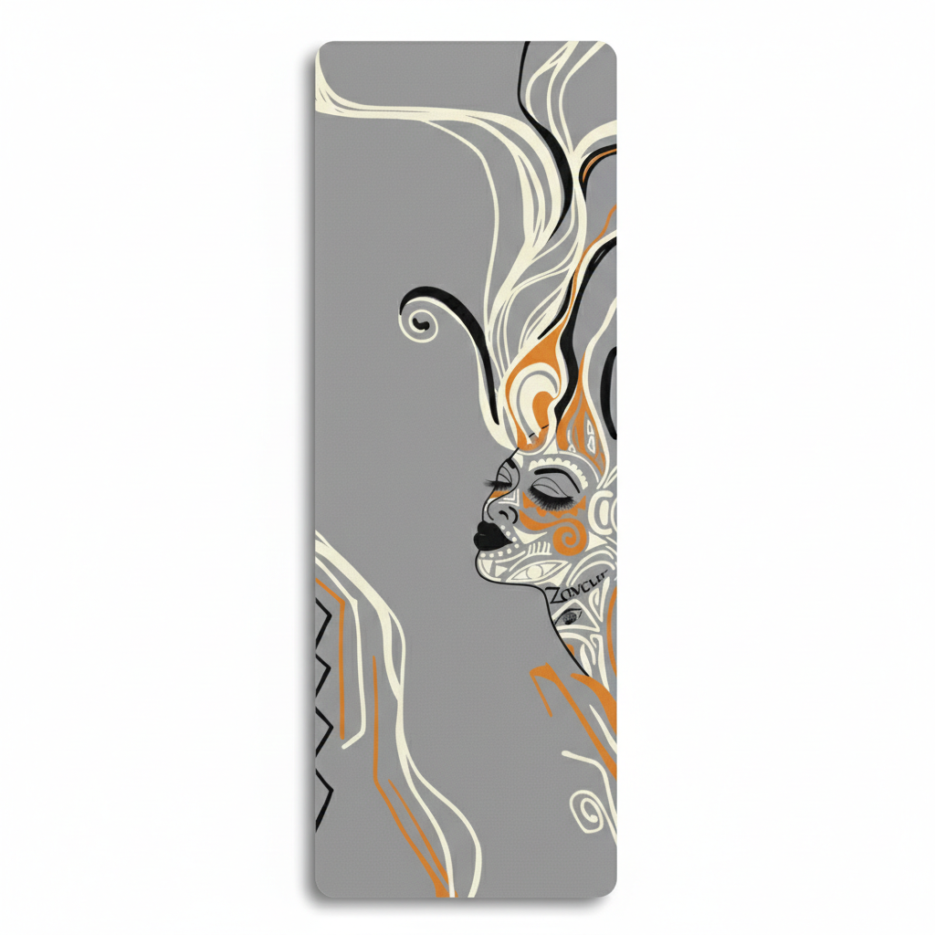 Queen of Phoenix yoga mat in slate grey, a cream line-art face in profile with black and orange flowing hair